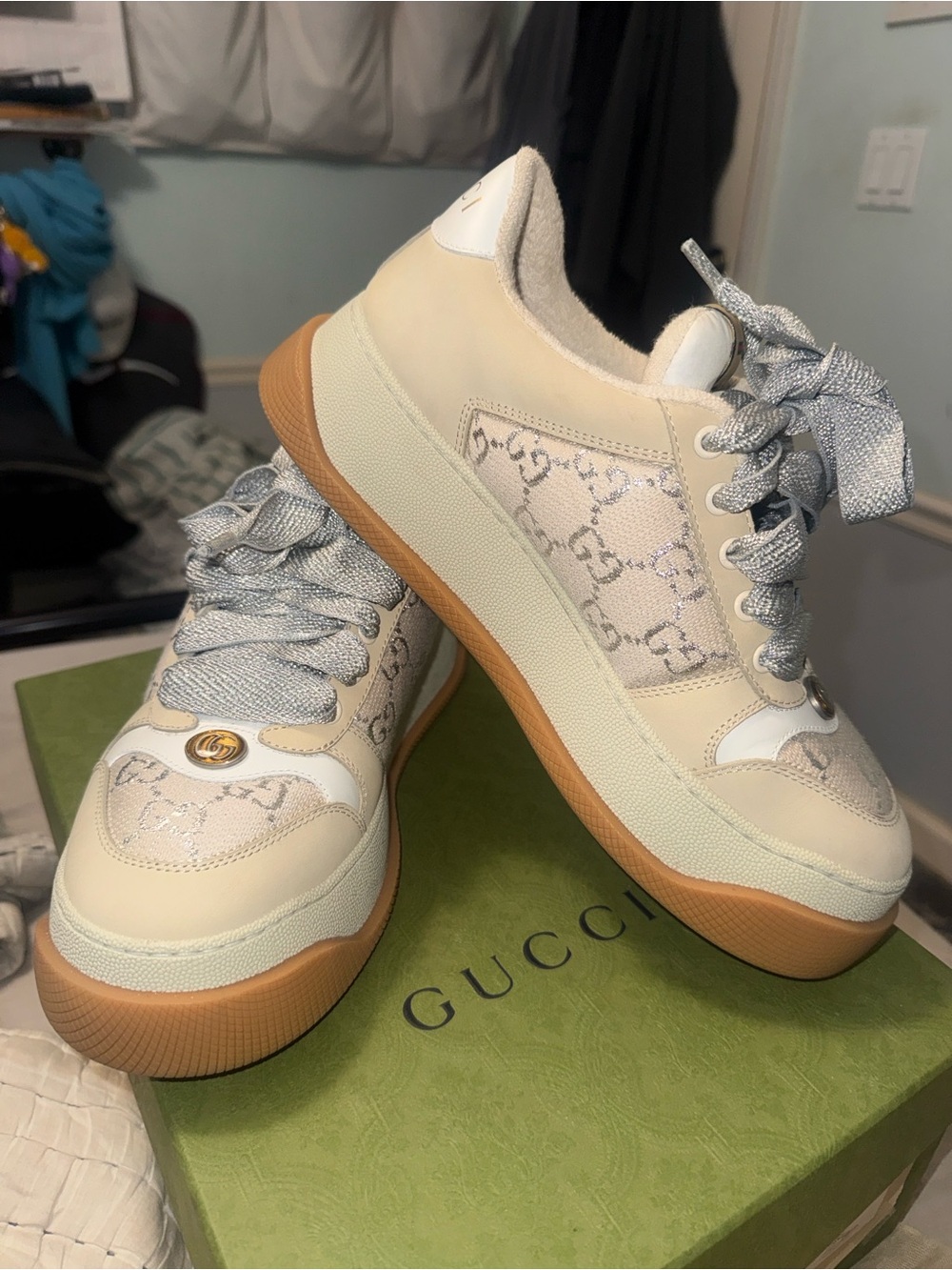 Gucci sneaker 750633 light gg lame eu 39 USA 8.5/9 cream silver